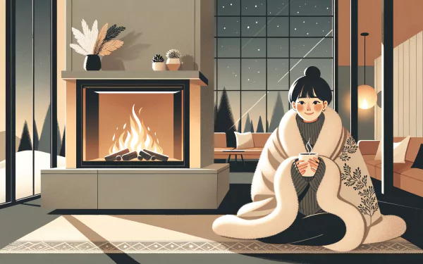 HD desktop wallpaper featuring a cozy scene with a person sitting by a fireplace, wrapped in a blanket, in a warmly decorated room with a view of snowy mountains through large windows.
