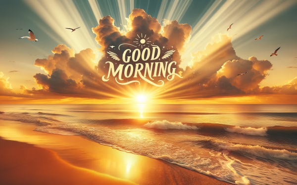 Good Morning text with sunny beach sunrise and flying birds, ideal for HD desktop wallpaper.