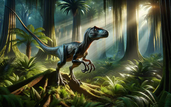HD desktop wallpaper of a realistic velociraptor standing in a lush prehistoric forest with sunbeams filtering through the trees.