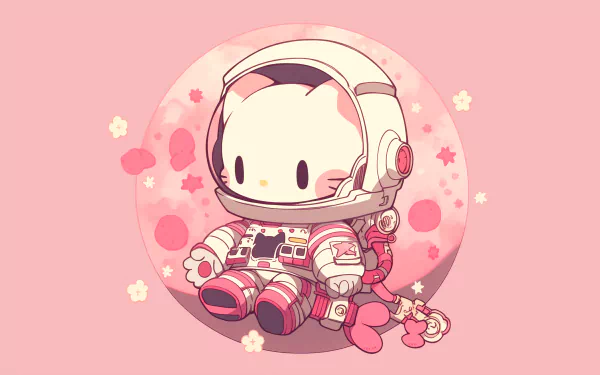 HD desktop wallpaper featuring Hello Kitty as an astronaut, set against a pink floral background, designed by Sanrio.