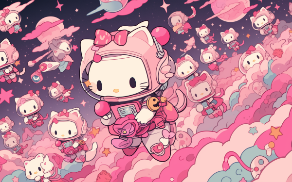 Hello Kitty themed HD desktop wallpaper featuring cute astronaut characters in a whimsical space setting with pink clouds and stars.