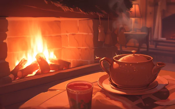 HD wallpaper of a cozy fireplace scene with a teapot and cup, exuding warmth and comfort.