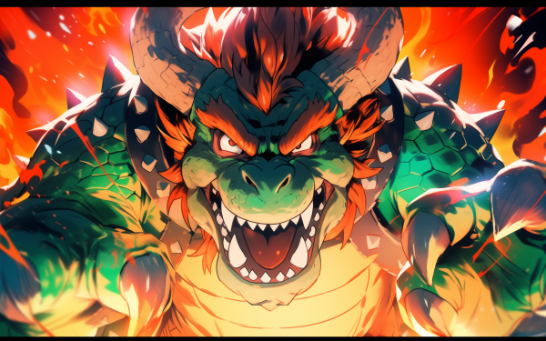 HD wallpaper of Bowser with fiery background for desktop.