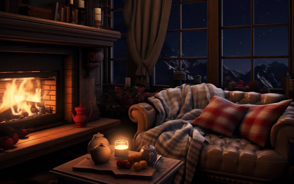Cozy fireplace in a mountain cabin with a plush sofa and night sky view HD desktop wallpaper.