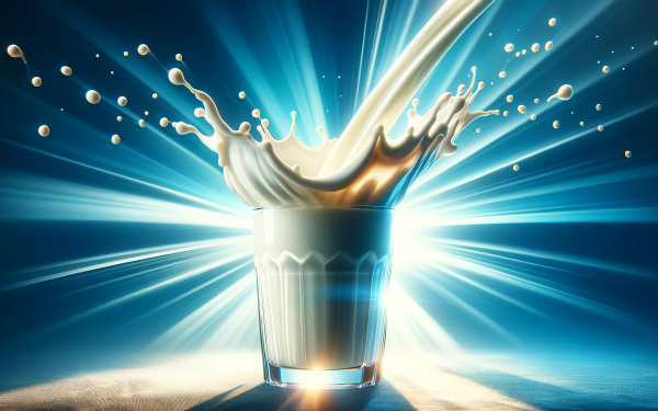 Dynamic HD wallpaper of milk splashing out of a glass with a radiant blue background for desktop.