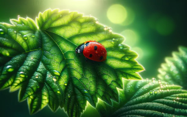 HD Wallpaper of vibrant ladybug on fresh green leaves with morning dew, perfect for desktop background