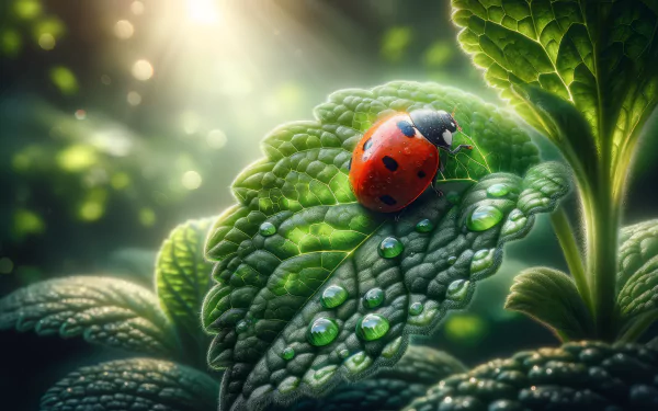 HD Wallpaper of ladybug on green leaf with morning dew and sunlight filtering through foliage, perfect for desktop background.