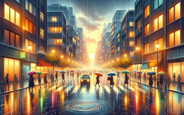 HD wallpaper of a vibrant city street scene at twilight with pedestrians holding umbrellas in the rain, reflecting lights on wet pavement.