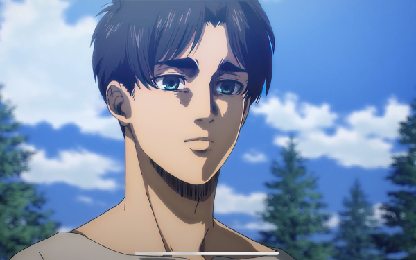 HD desktop wallpaper featuring an intense portrait of Eren Yeager from Attack on Titan set against a backdrop of blue skies and lush treetops.