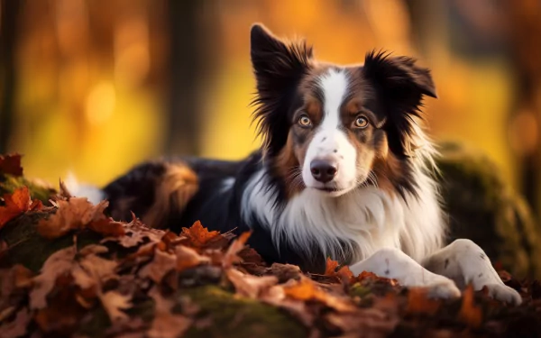 HD desktop wallpaper featuring a border collie lying amidst autumn leaves.