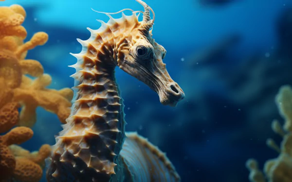 HD wallpaper of a seahorse underwater with coral background.