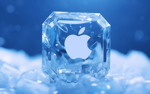 HD desktop wallpaper featuring an Apple logo encased in a crystal-clear ice cube, set against a sparkling blue background, perfect for a sleek and modern computer background.
