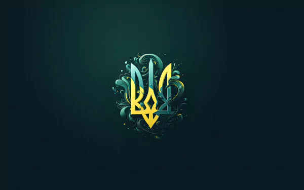 8K Ultra HD PC wallpaper featuring a stylized golden Ukrainian trident emblem with decorative blue and yellow accents on a dark background.