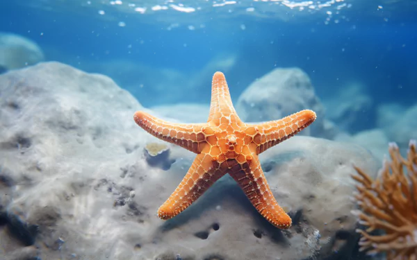 HD desktop wallpaper featuring an orange starfish on ocean floor, capturing vibrant sea life and underwater tranquility.
