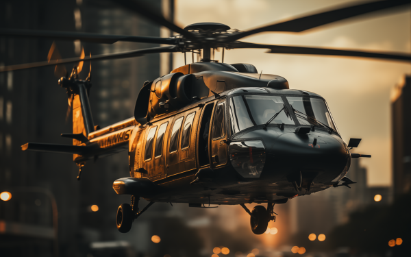 HD desktop wallpaper featuring a helicopter in flight at dusk with city lights in the background – Perfect aviation theme background.