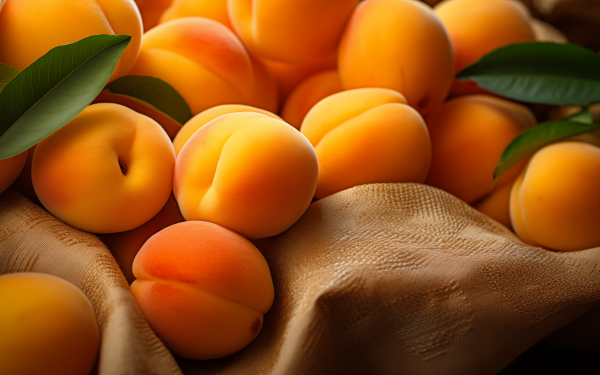HD wallpaper of fresh apricots with leaves on a burlap fabric, perfect for a desktop background.