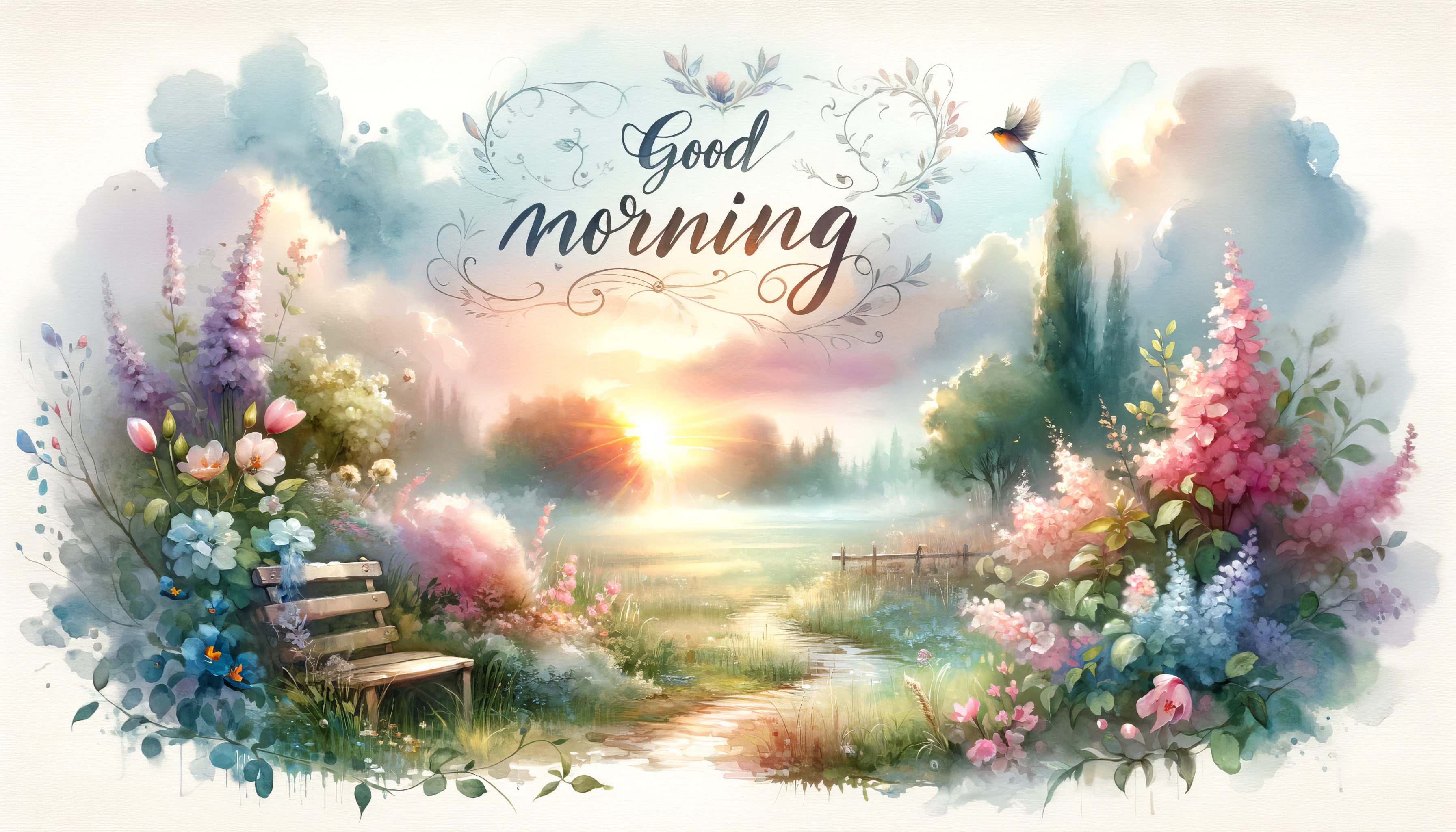 Alt Text: Good morning written in elegant script on a tranquil sunrise landscape HD wallpaper, featuring a wooden bench, blooming flowers, and a whimsical bird, perfect for a peaceful desktop background.