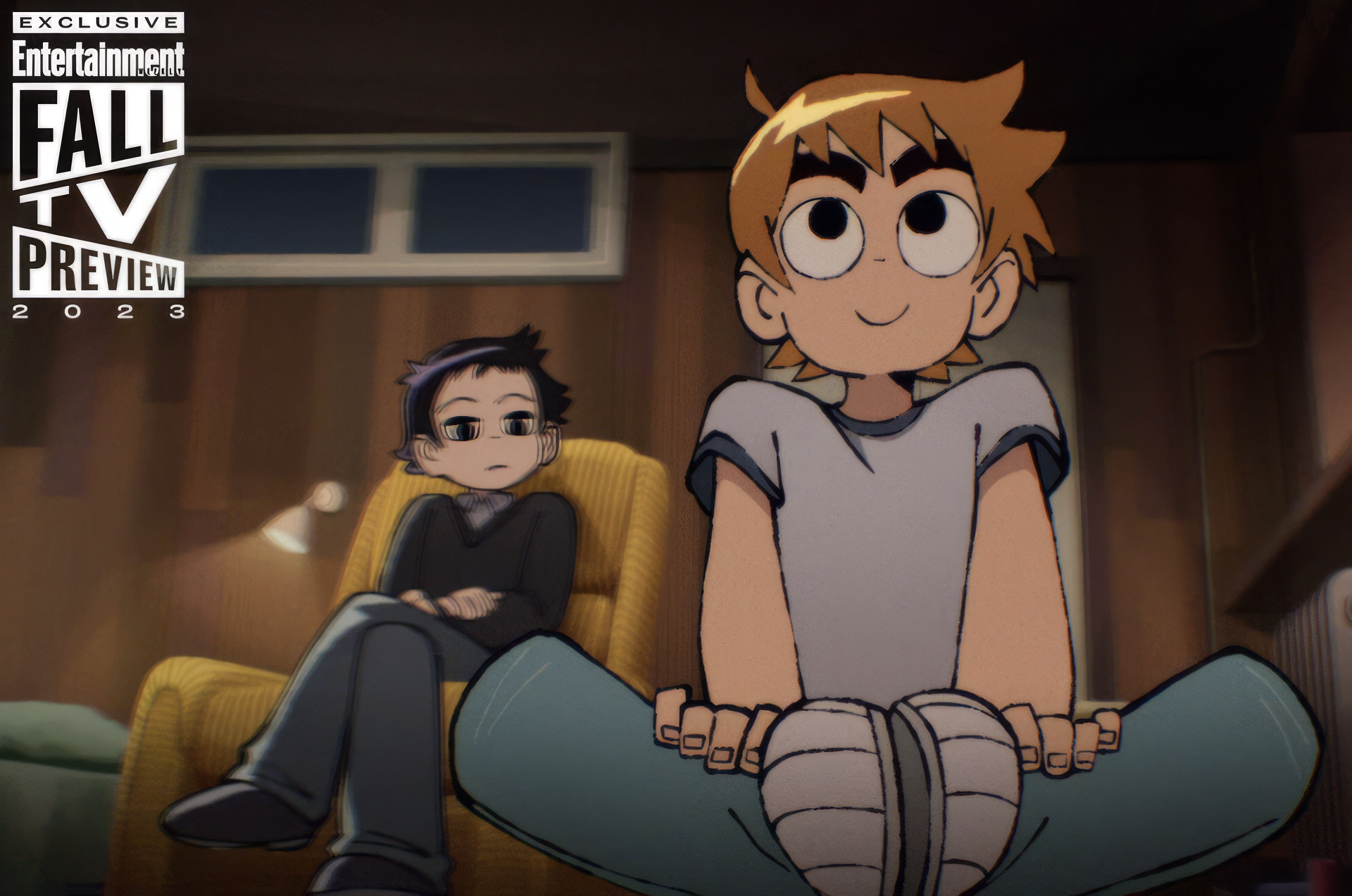 HD wallpaper featuring characters from Scott Pilgrim, with one sitting on the floor and the other on a couch, tagged with Scott Pilgrim Takes Off for the 2022 Fall TV Preview.