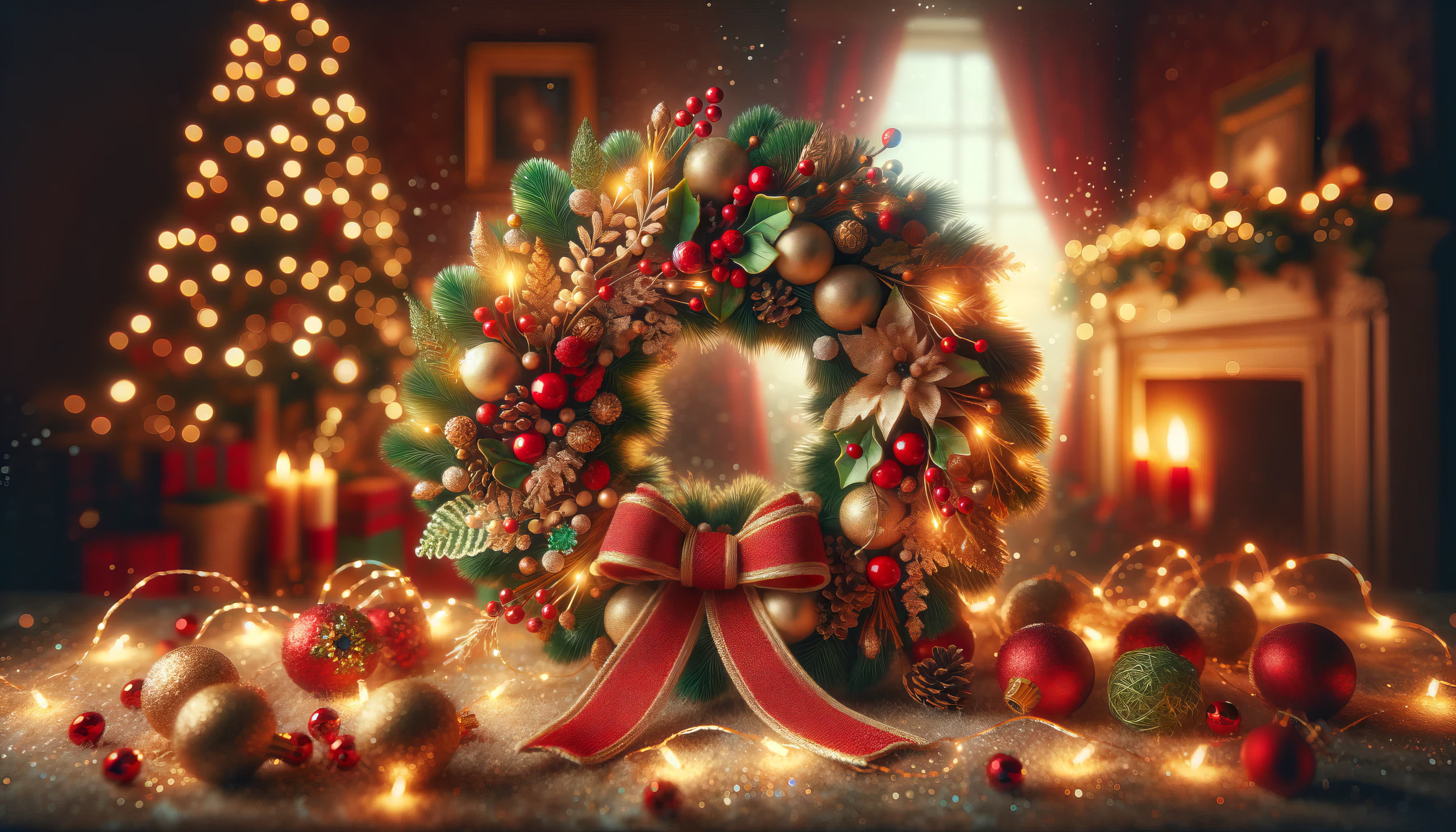HD festive desktop wallpaper featuring a Christmas wreath with red berries and a golden bow, surrounded by sparkling lights and decorations.