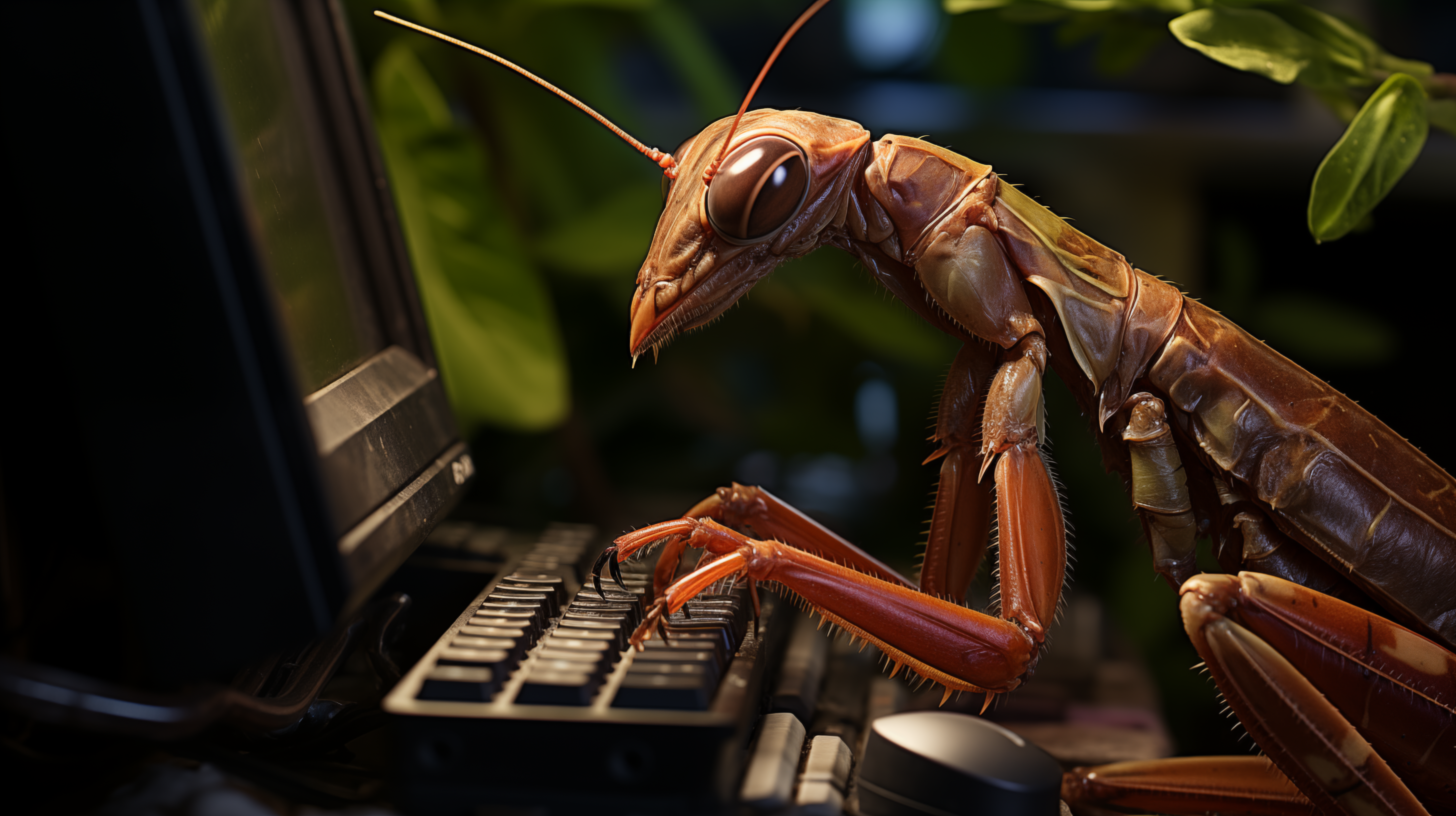 Humorous HD wallpaper featuring a praying mantis appearing to work on a computer keyboard, ideal for desktop background with a comical touch.