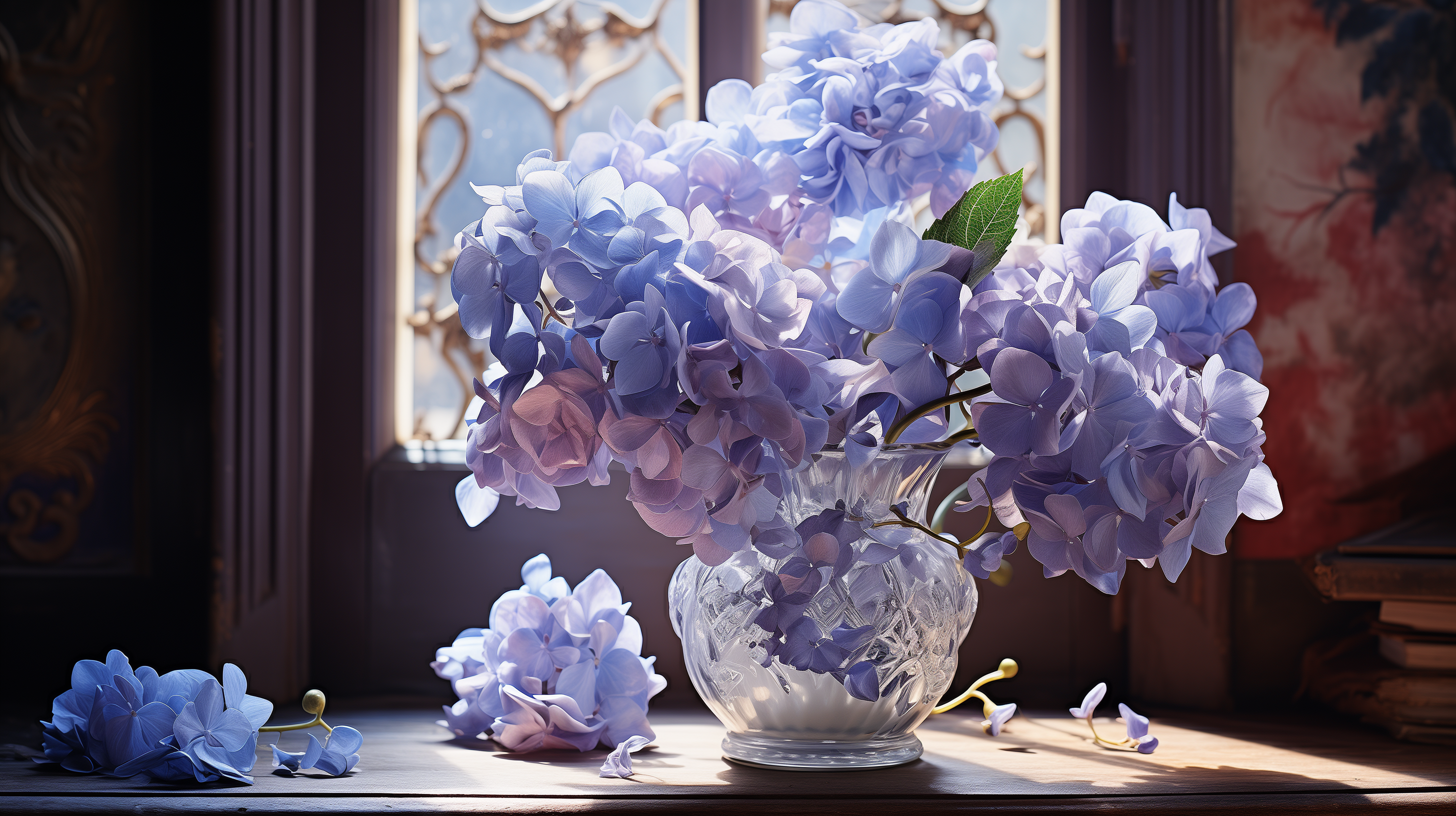 Stunning HD desktop wallpaper featuring blue hydrangea flowers in a clear vase with natural light by a window.