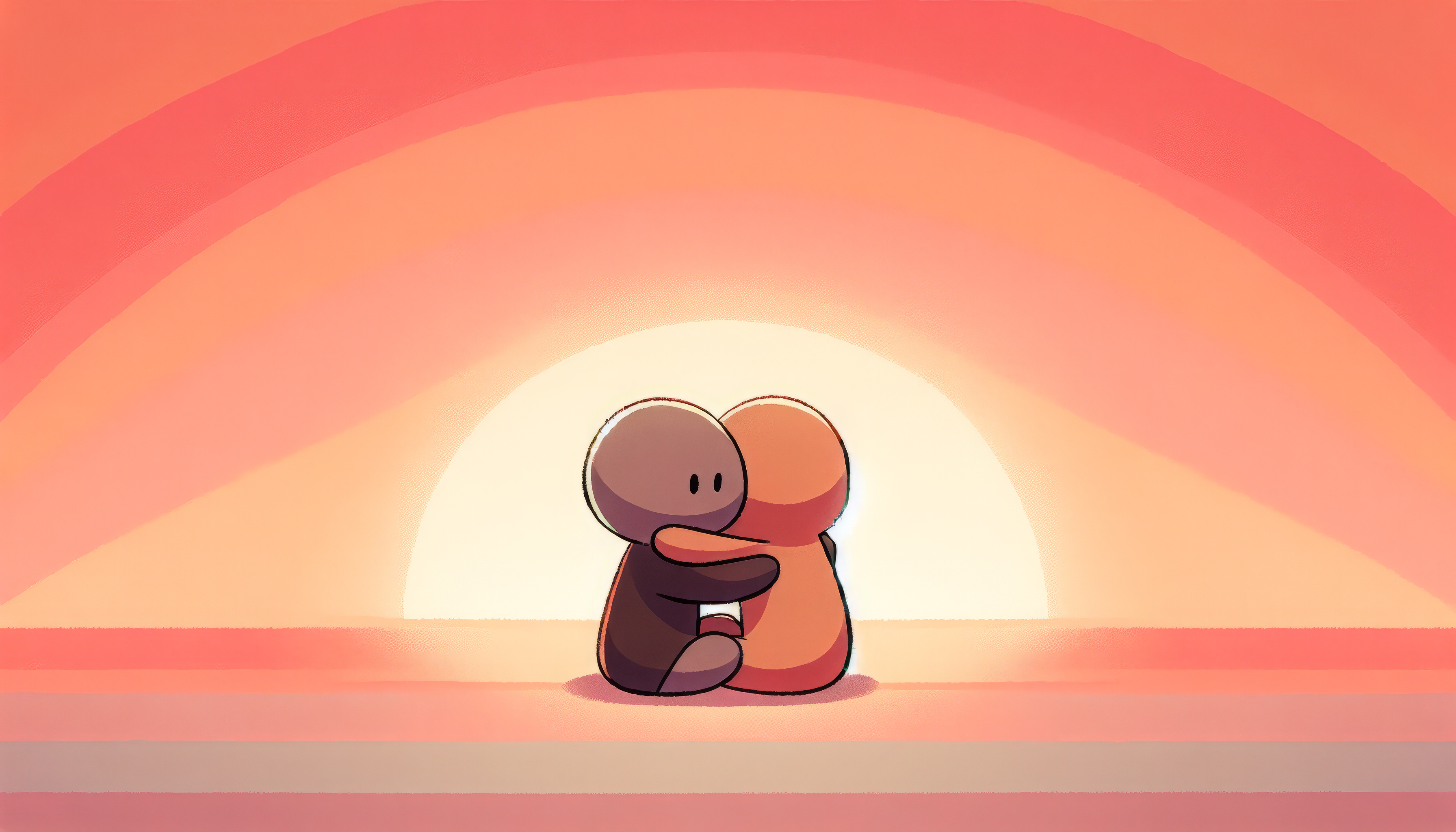 Alt Text: Warm embrace illustration with two cute characters hugging each other, set against a soft pink sunset background, perfect for HD desktop wallpaper and background with a hug theme.