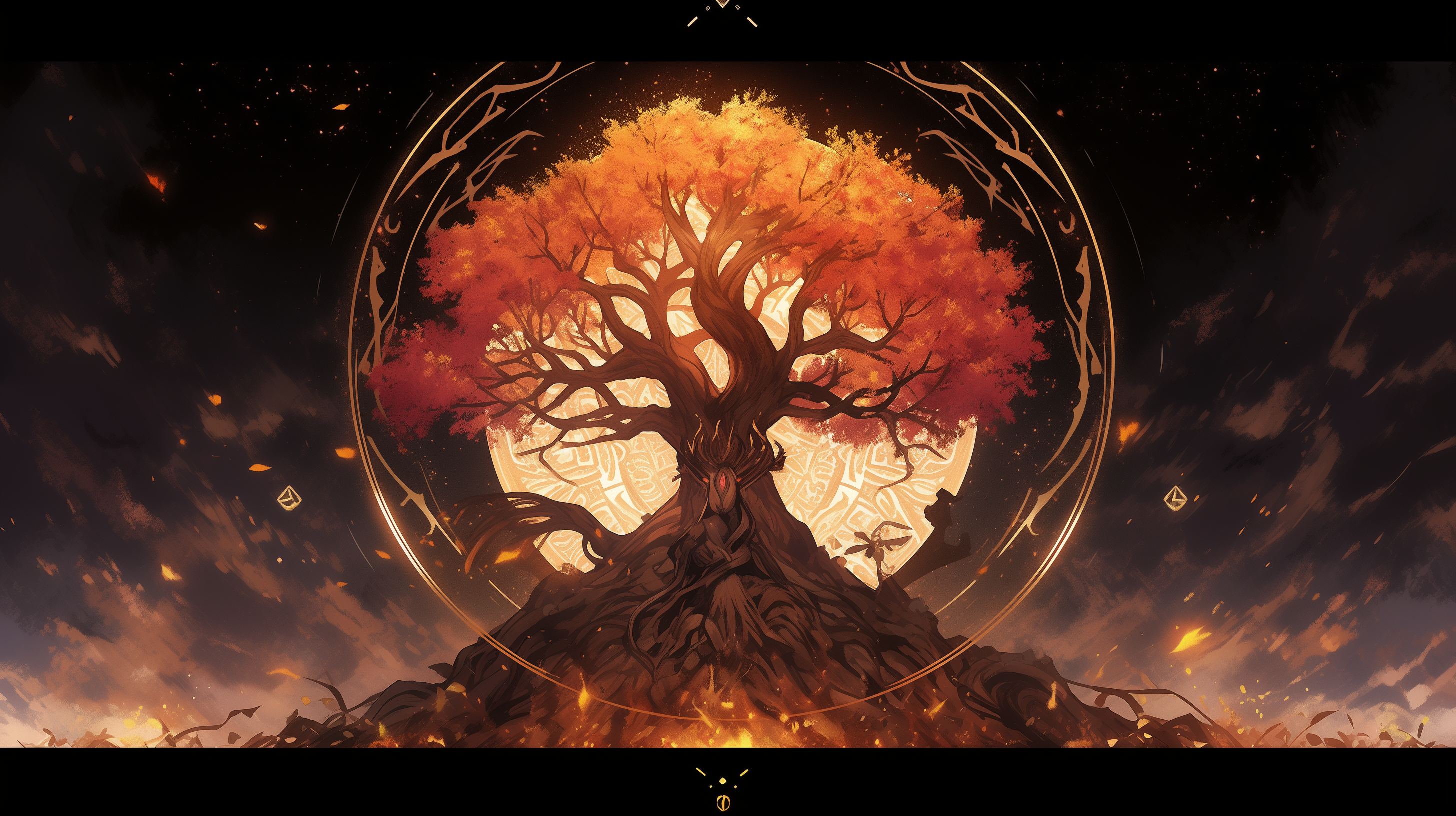 HD wallpaper of the mythical Yggdrasil tree surrounded by celestial patterns, ideal as a desktop background.
