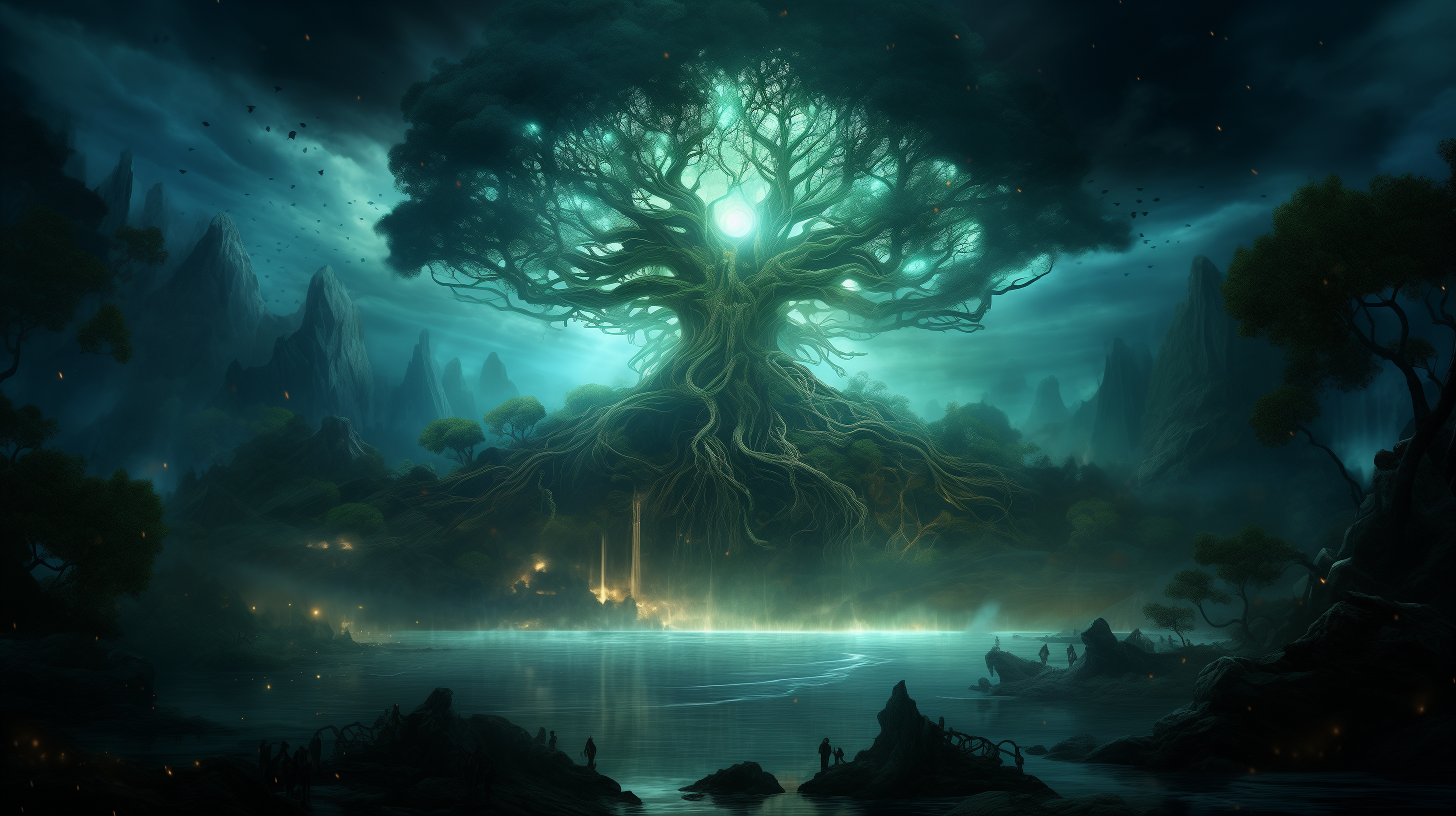 HD wallpaper of mystical Yggdrasil tree with glowing light in a magical forest setting for desktop background.