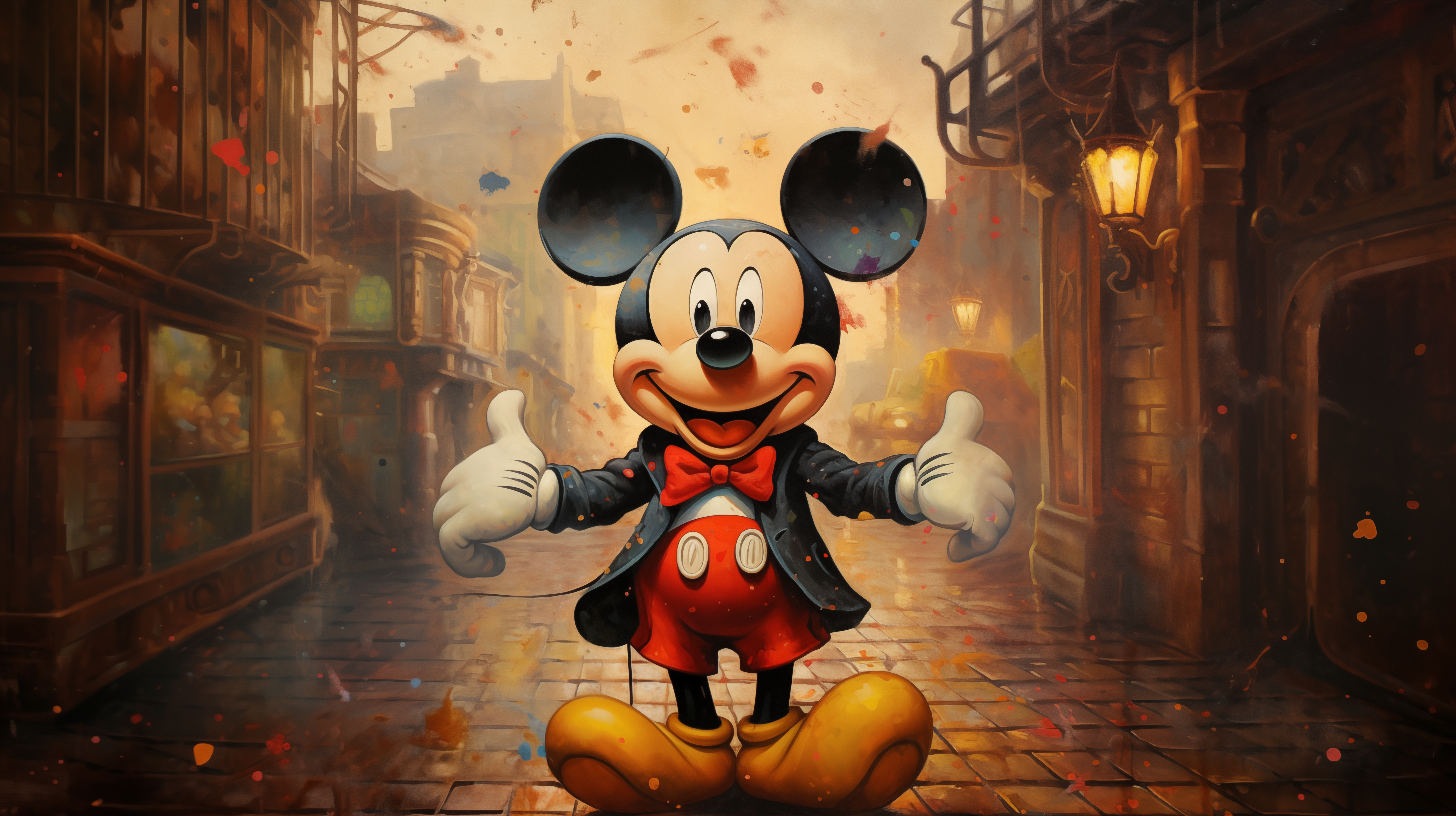 HD desktop wallpaper featuring Disney's Mickey Mouse with thumbs up in a whimsical, vintage street background, perfect for Disney-themed computer backgrounds and Mickey Mouse fans.