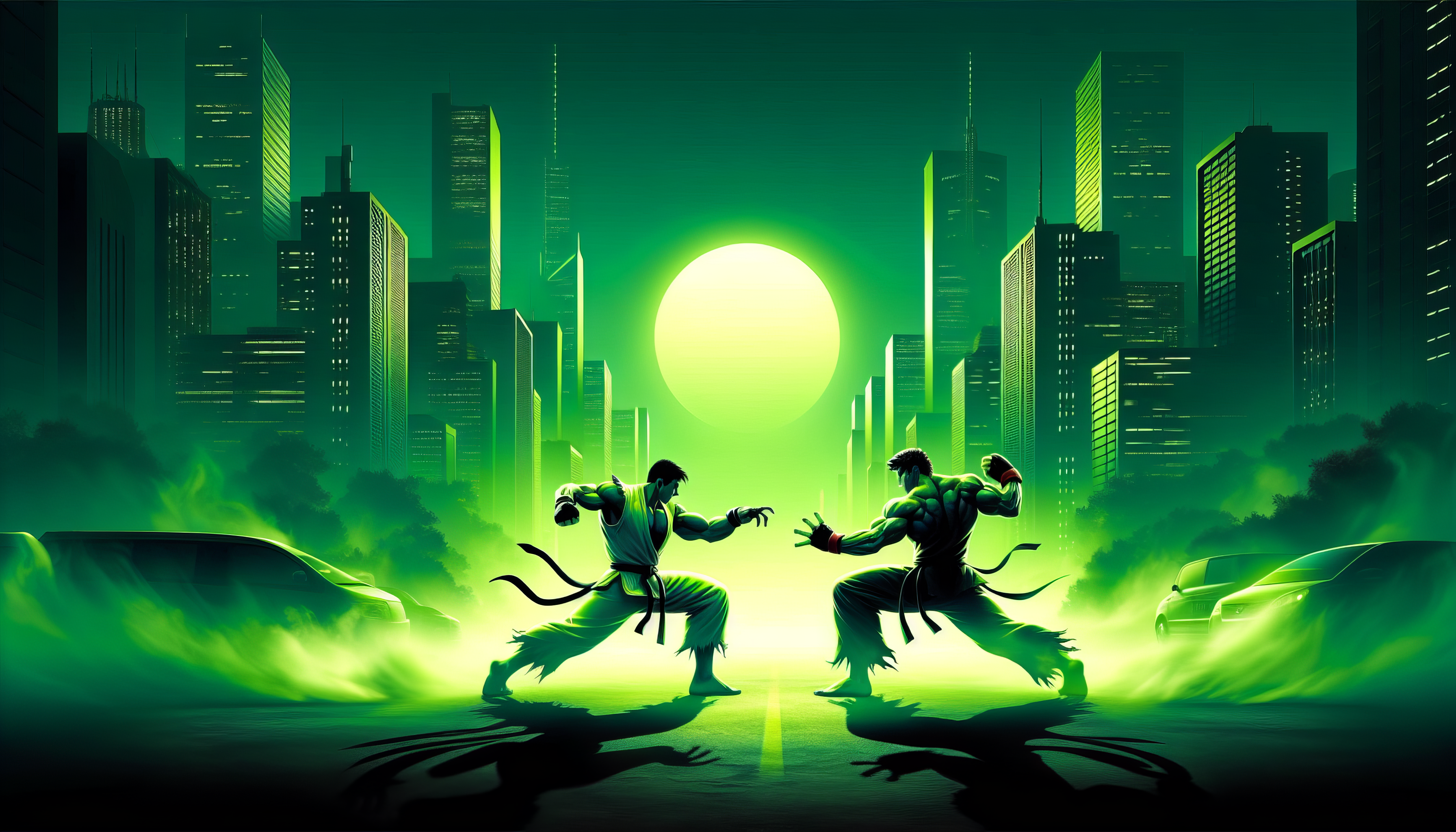 HD Street Fighter themed desktop wallpaper featuring iconic characters in a dynamic battle stance with a vivid green and yellow backdrop and a stylized city silhouette.