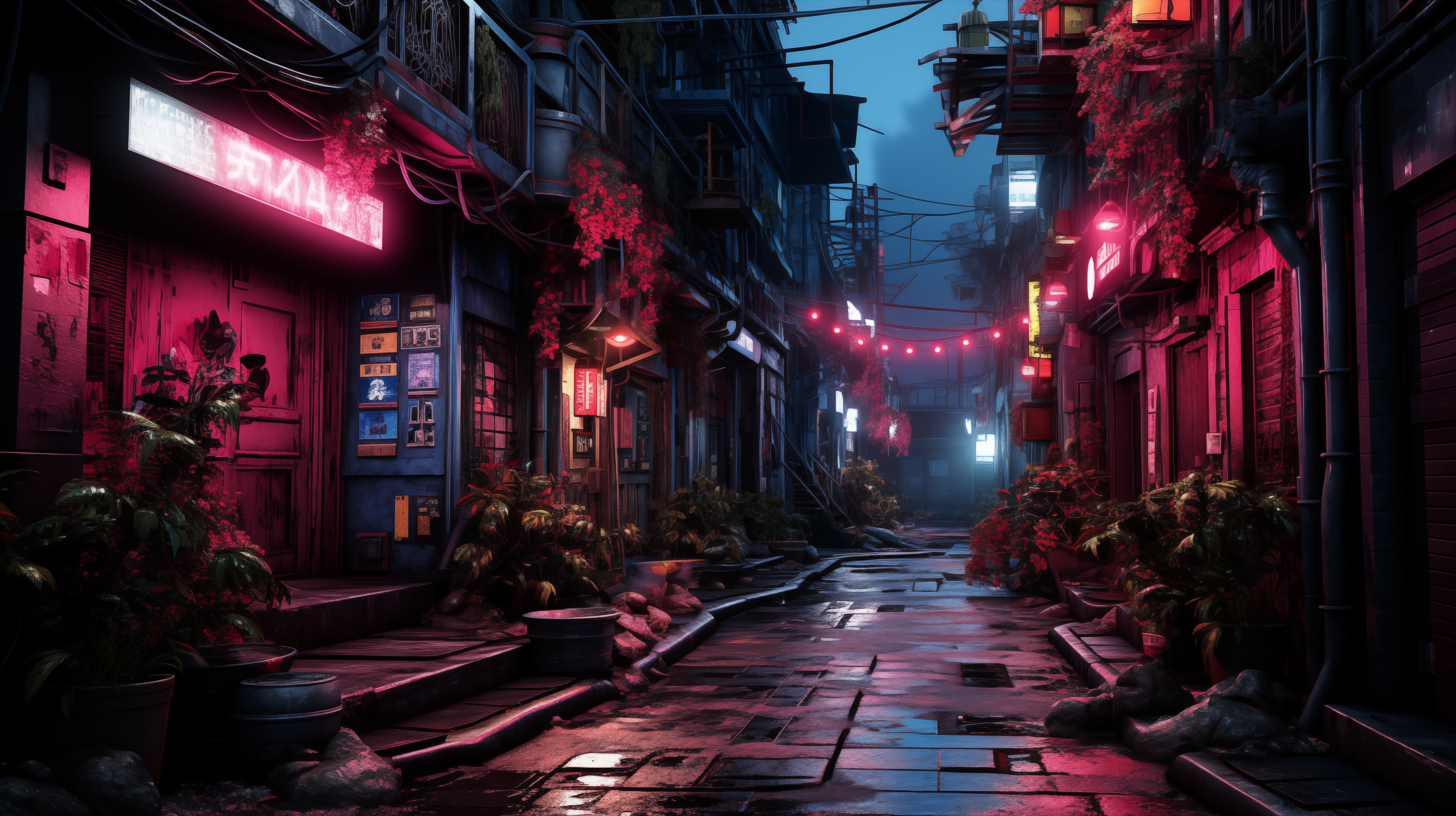 HD desktop wallpaper of a moody alleyway at night illuminated by neon signs, providing a cinematic urban background setting.
