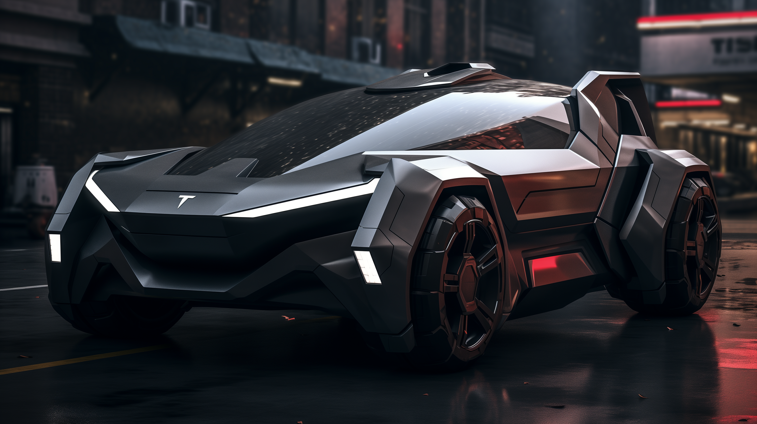 Futuristic Tesla vehicle concept HD wallpaper for desktop background, showcasing a sleek design with a dark, urban setting.