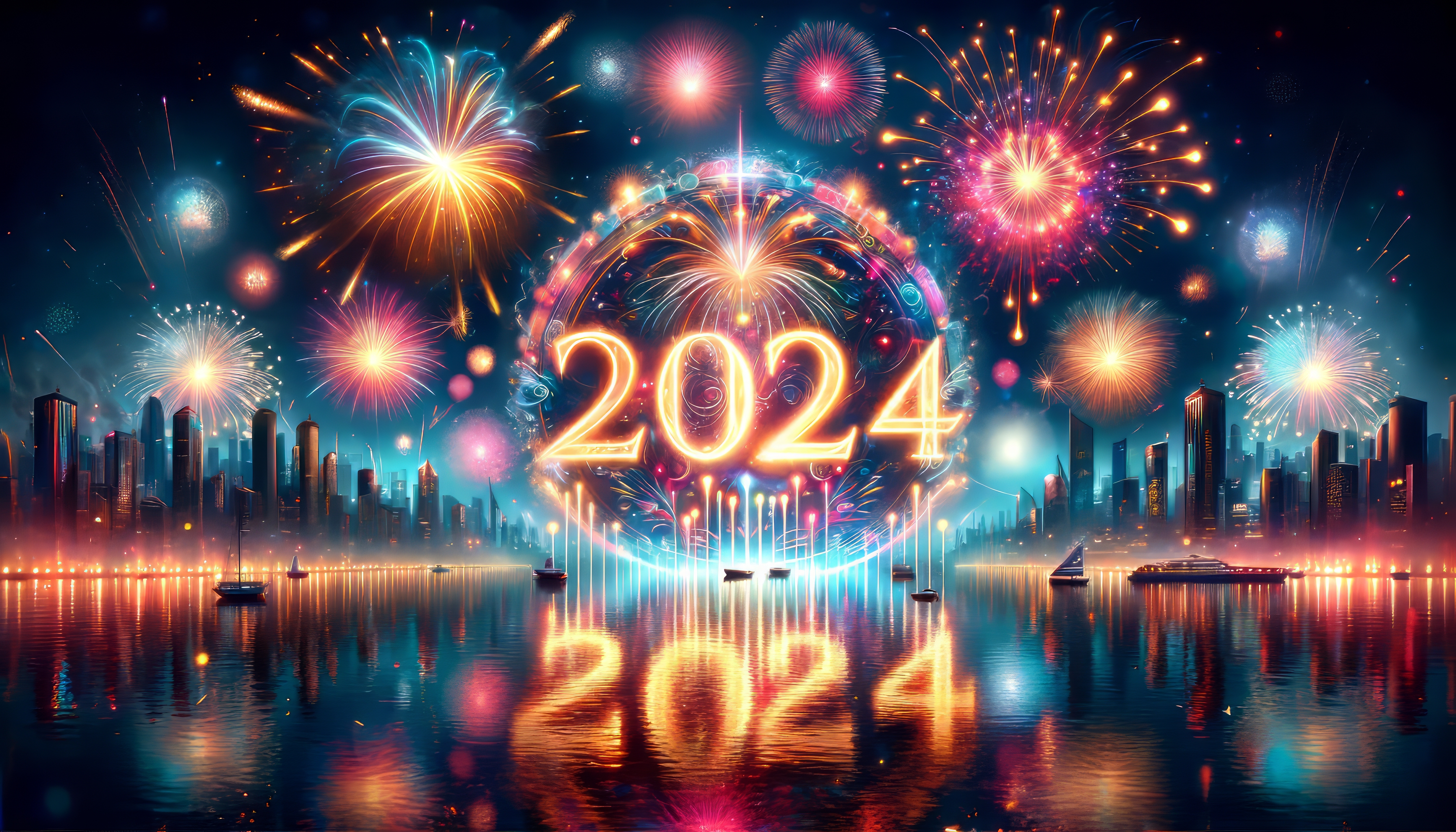 HD wallpaper of a vibrant 2024 New Year celebration with fireworks over a city skyline reflected in water for desktop background.