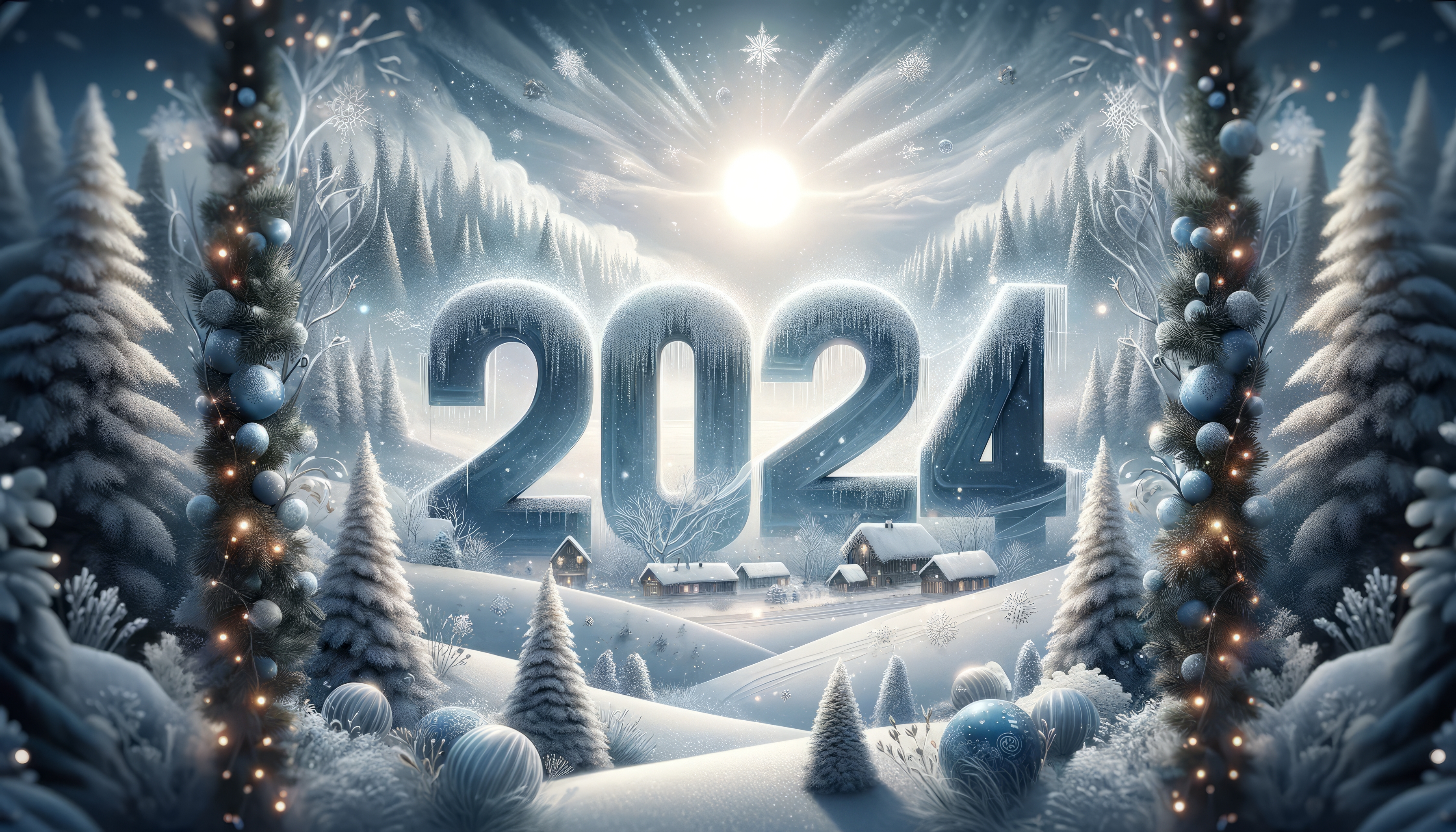 HD wallpaper of a snowy winter wonderland with large 2024 sign for desktop background.