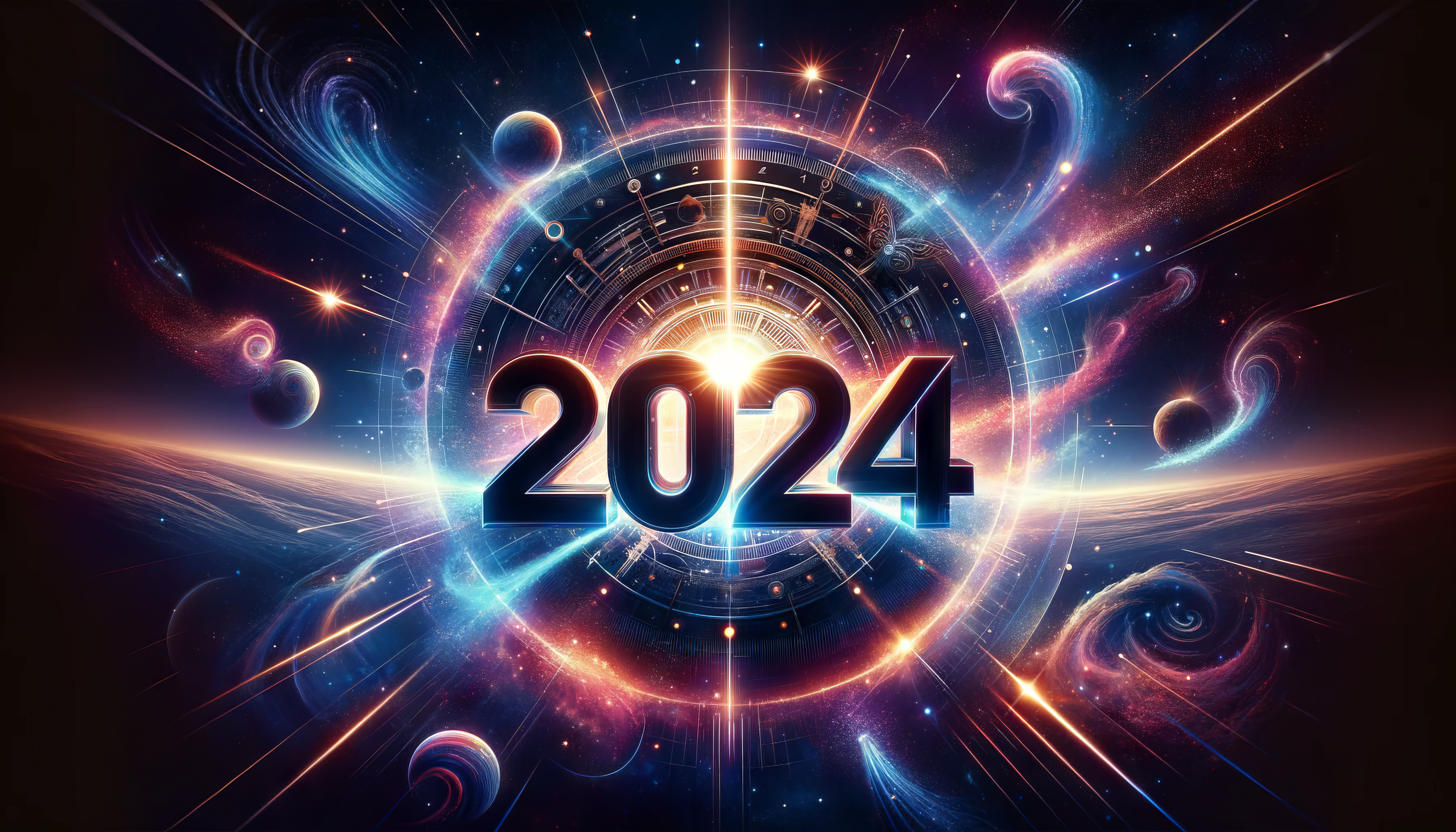 HD wallpaper featuring futuristic 2024 design with cosmic and technological elements for desktop background.