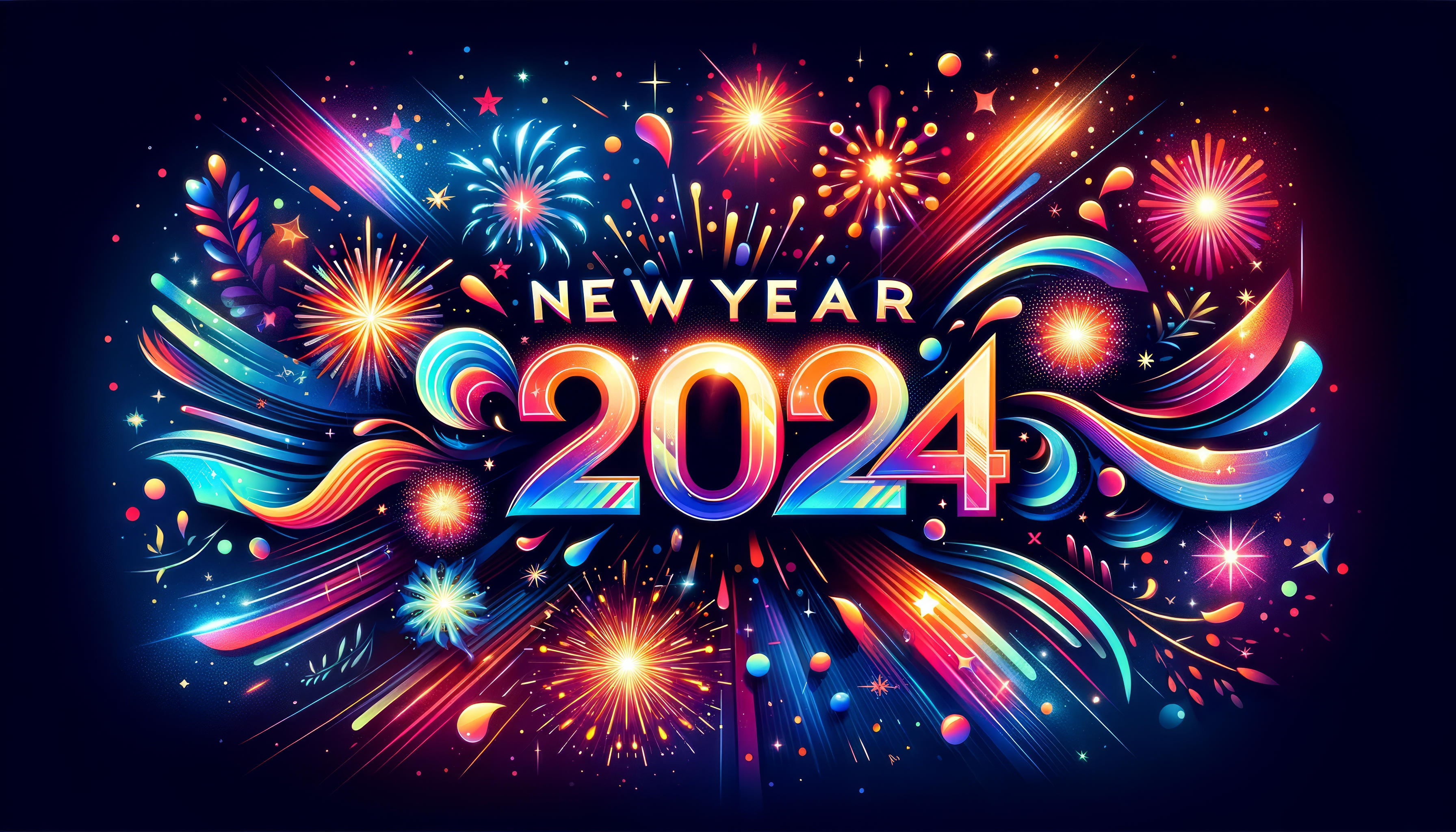 Colorful New Year 2024 HD desktop wallpaper featuring vibrant fireworks and festive graphics.