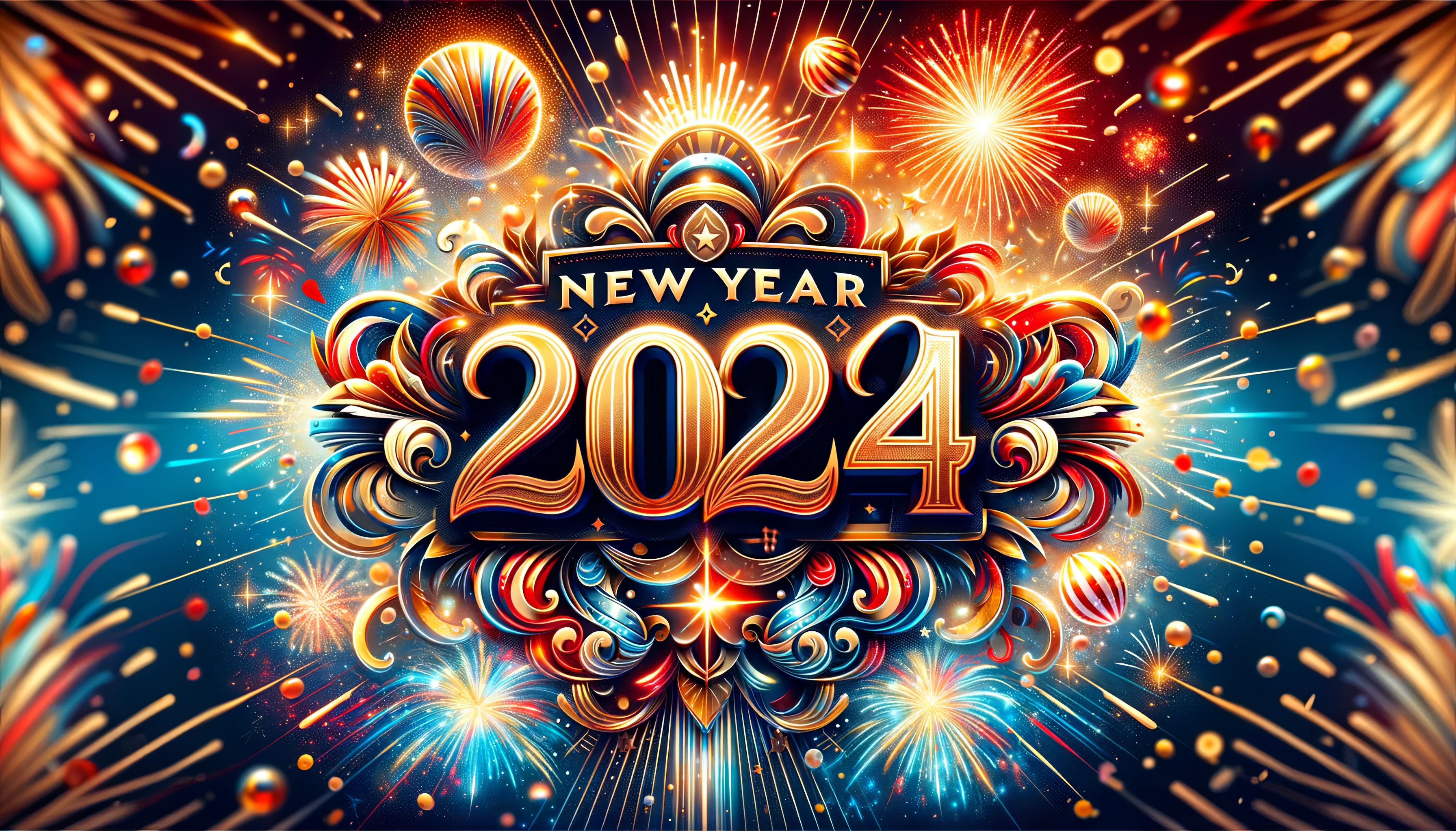 Vibrant New Year 2024 fireworks celebration HD wallpaper and desktop background.
