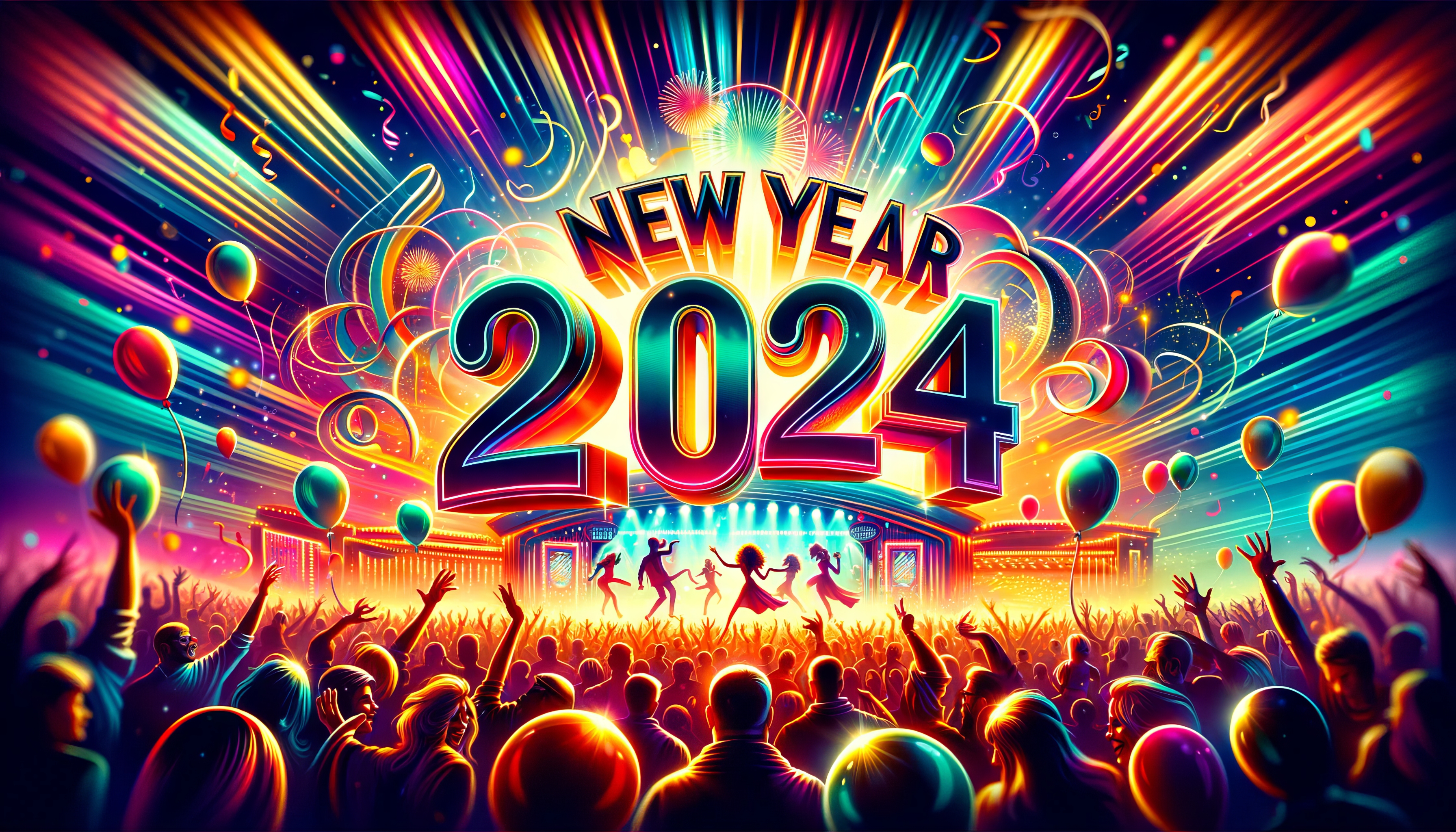 New Year 2024 celebration HD desktop wallpaper featuring vibrant crowd and festive atmosphere.
