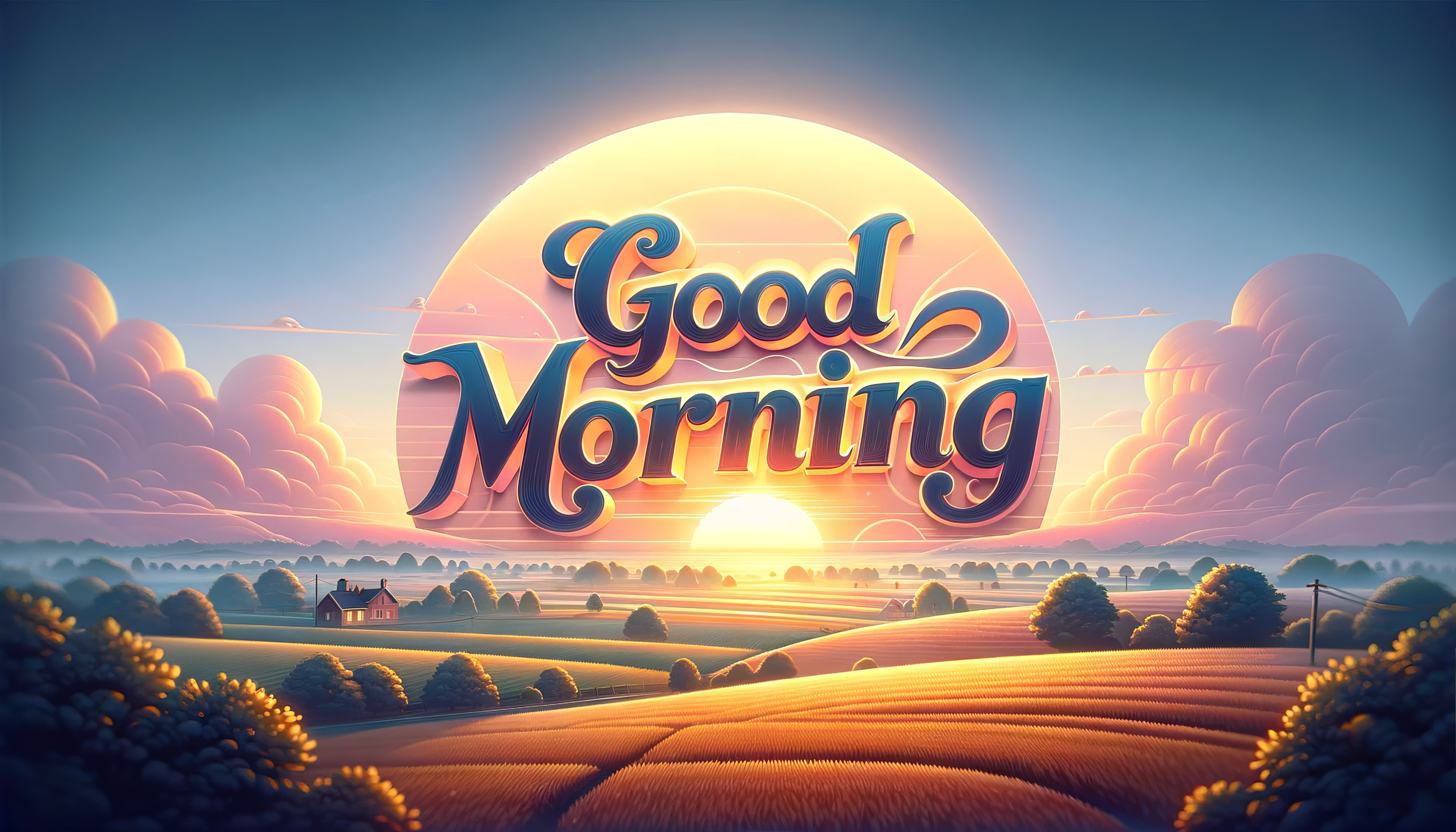 Inspirational Good Morning text overlaid on a picturesque HD landscape with rising sun wallpaper for desktop background.