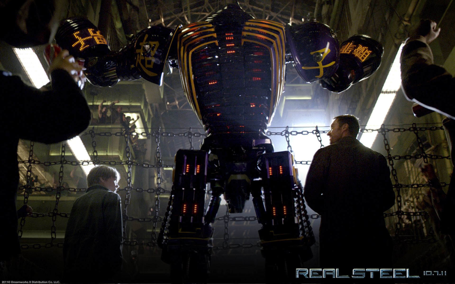 Dakota Goyo and Hugh Jackman in a scene from the Movie Real Steel
