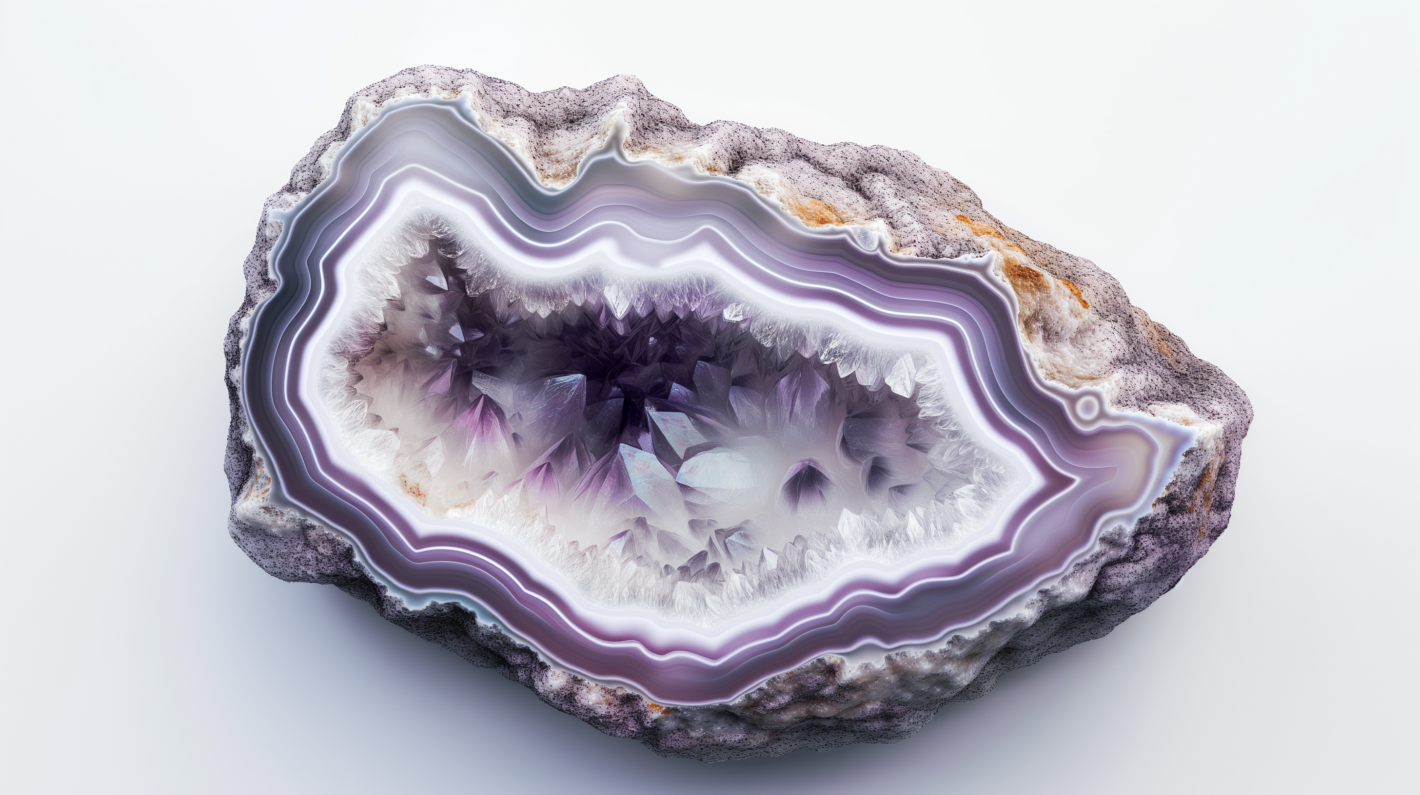 HD wallpaper of a beautiful purple and white geode crystal on a clean background, perfect as a vibrant desktop wallpaper or background.