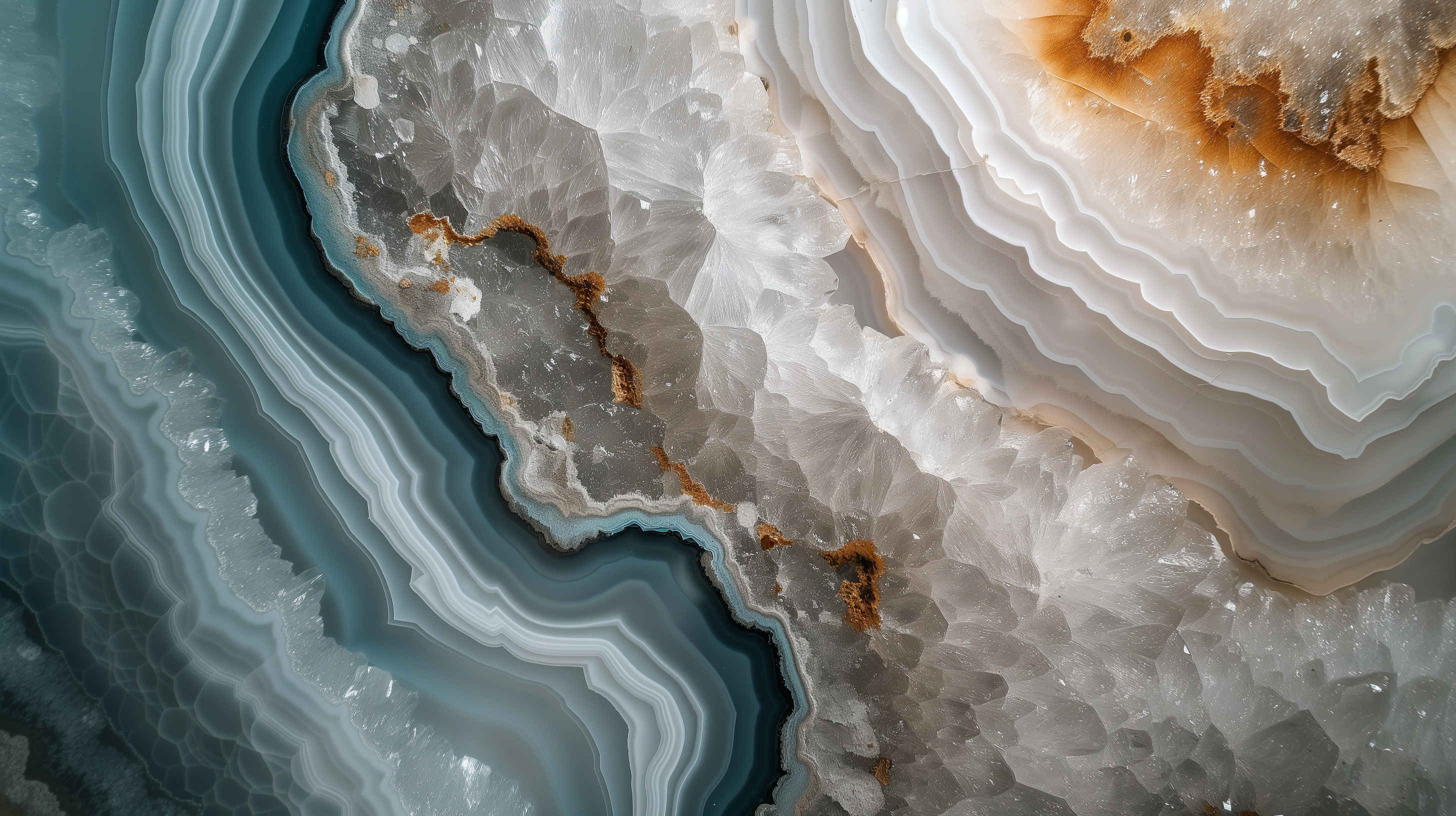 High-definition desktop wallpaper featuring a close-up view of a beautifully layered geode with mesmerizing blue and white crystal patterns.