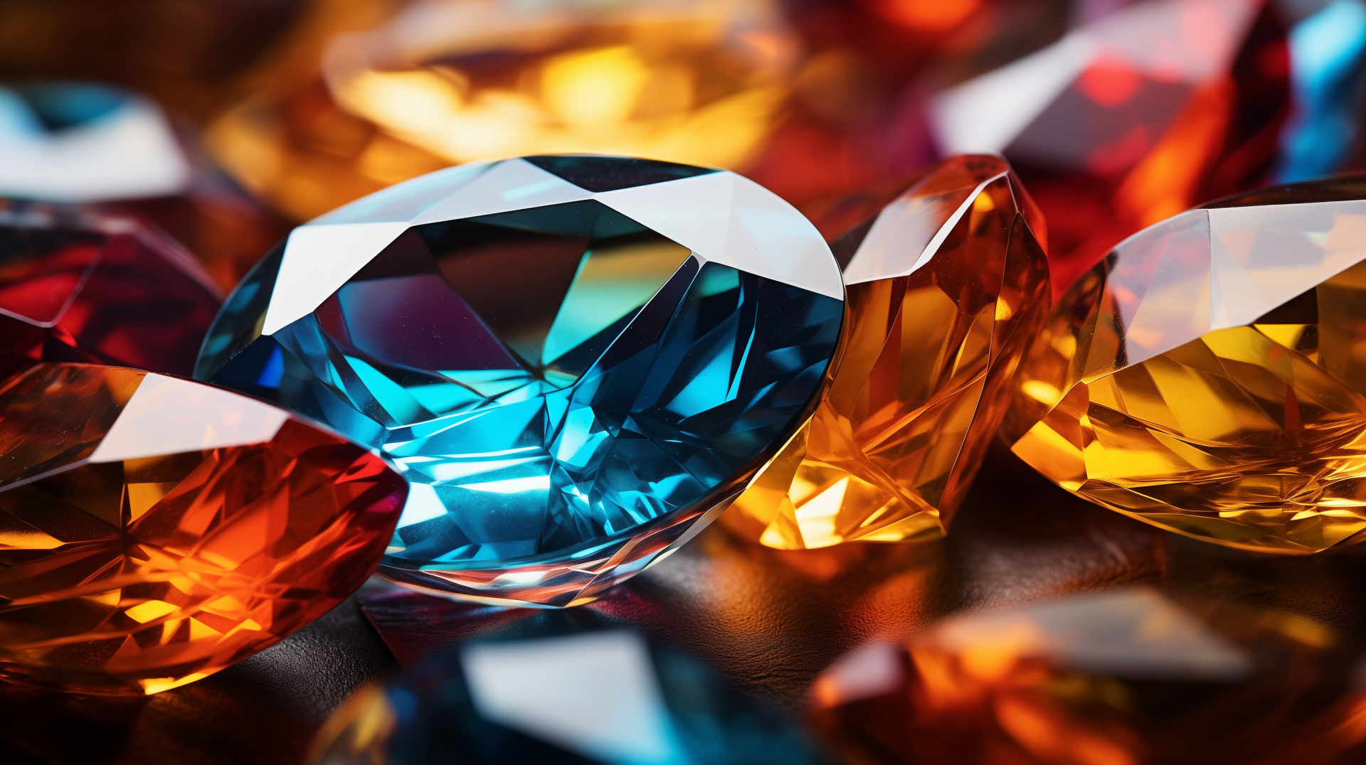 HD wallpaper featuring a vibrant collection of gemstones including a blue sapphire and yellow topaz, with a sparkling diamond in focus.