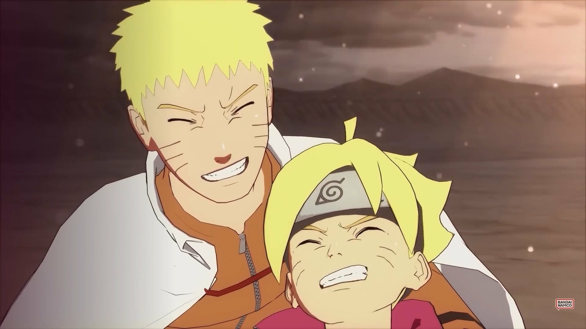 HD wallpaper of a heartwarming scene from NARUTO X BORUTO Ultimate Ninja STORM CONNECTIONS featuring two animated characters, with one smiling broadly and the other making a playful face.