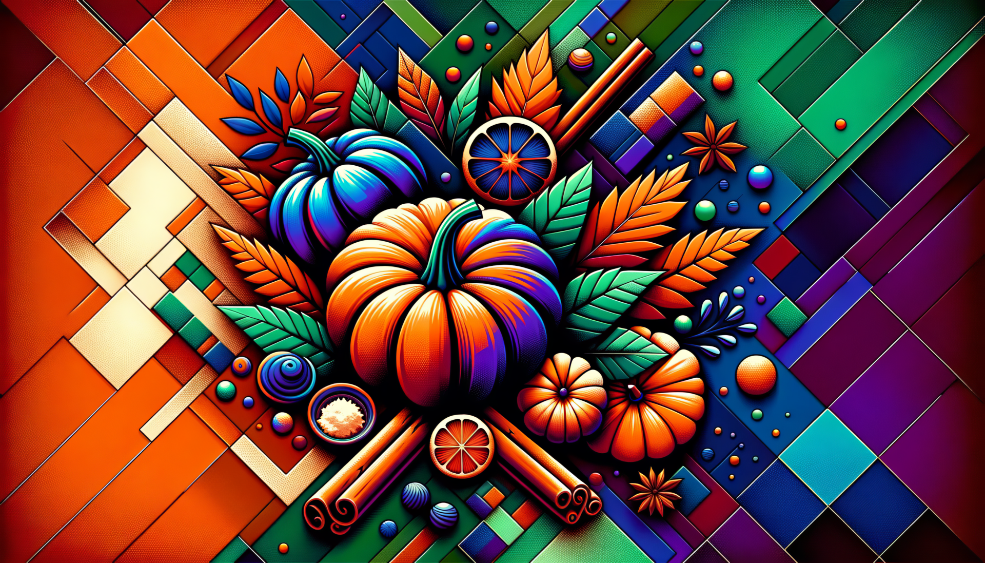 HD desktop wallpaper featuring a vibrant pumpkin spice theme with colorful pumpkins, leaves, and cinnamon sticks.