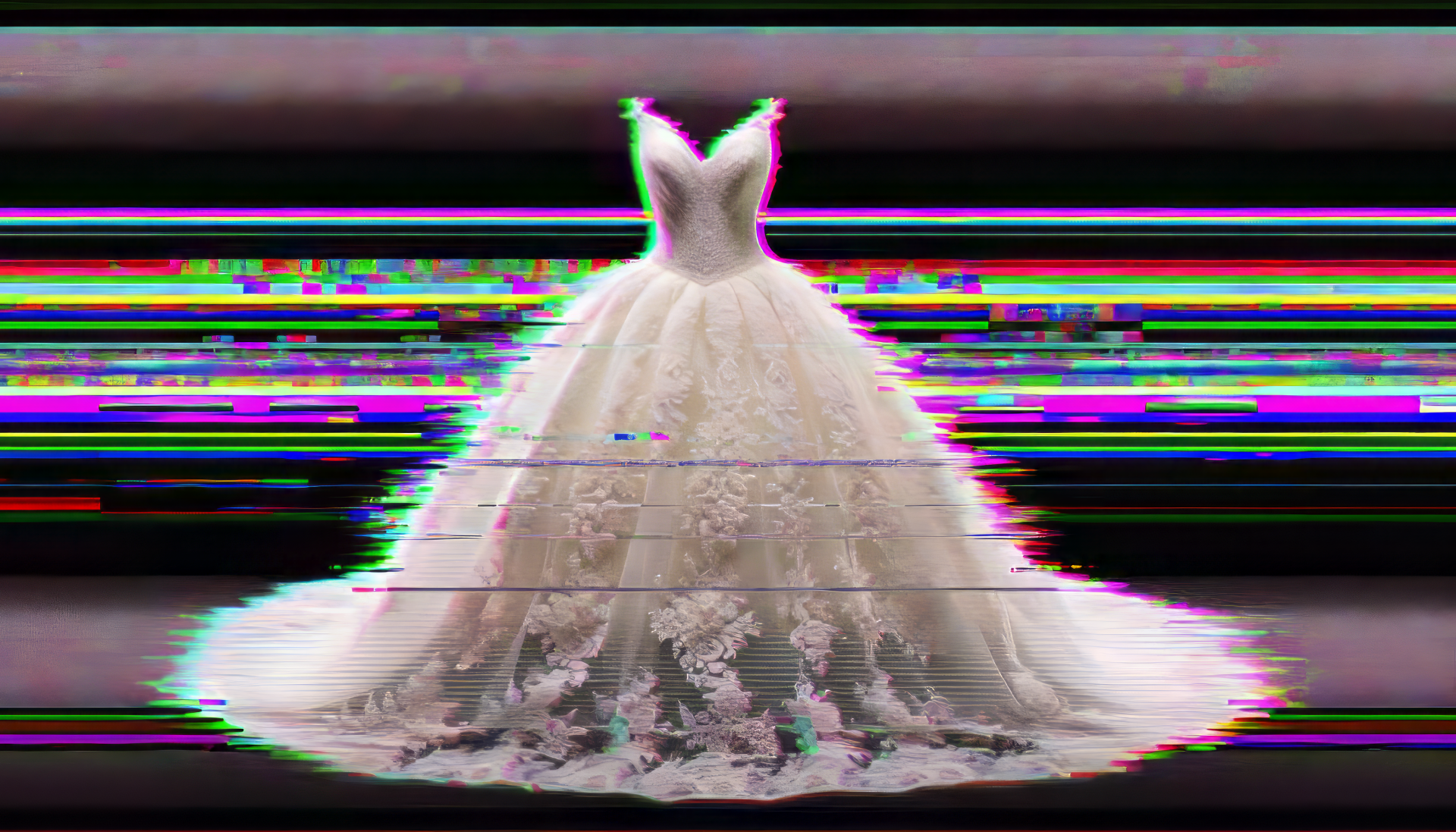 Elegant wedding dress with glitch art effect on HD desktop wallpaper background.