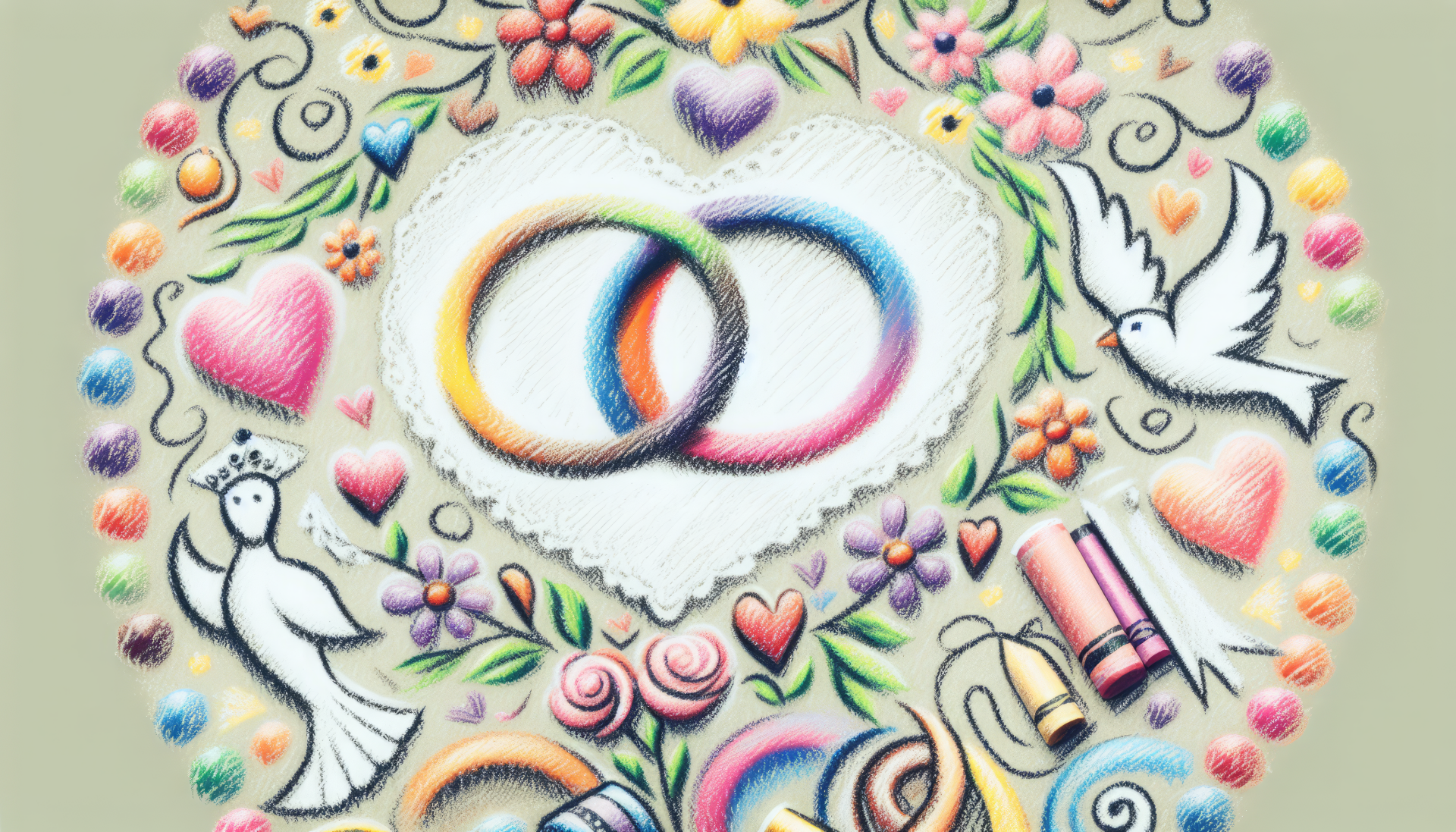 Colorful wedding-themed HD wallpaper featuring intertwined rings, white doves, and romantic hearts and flowers.