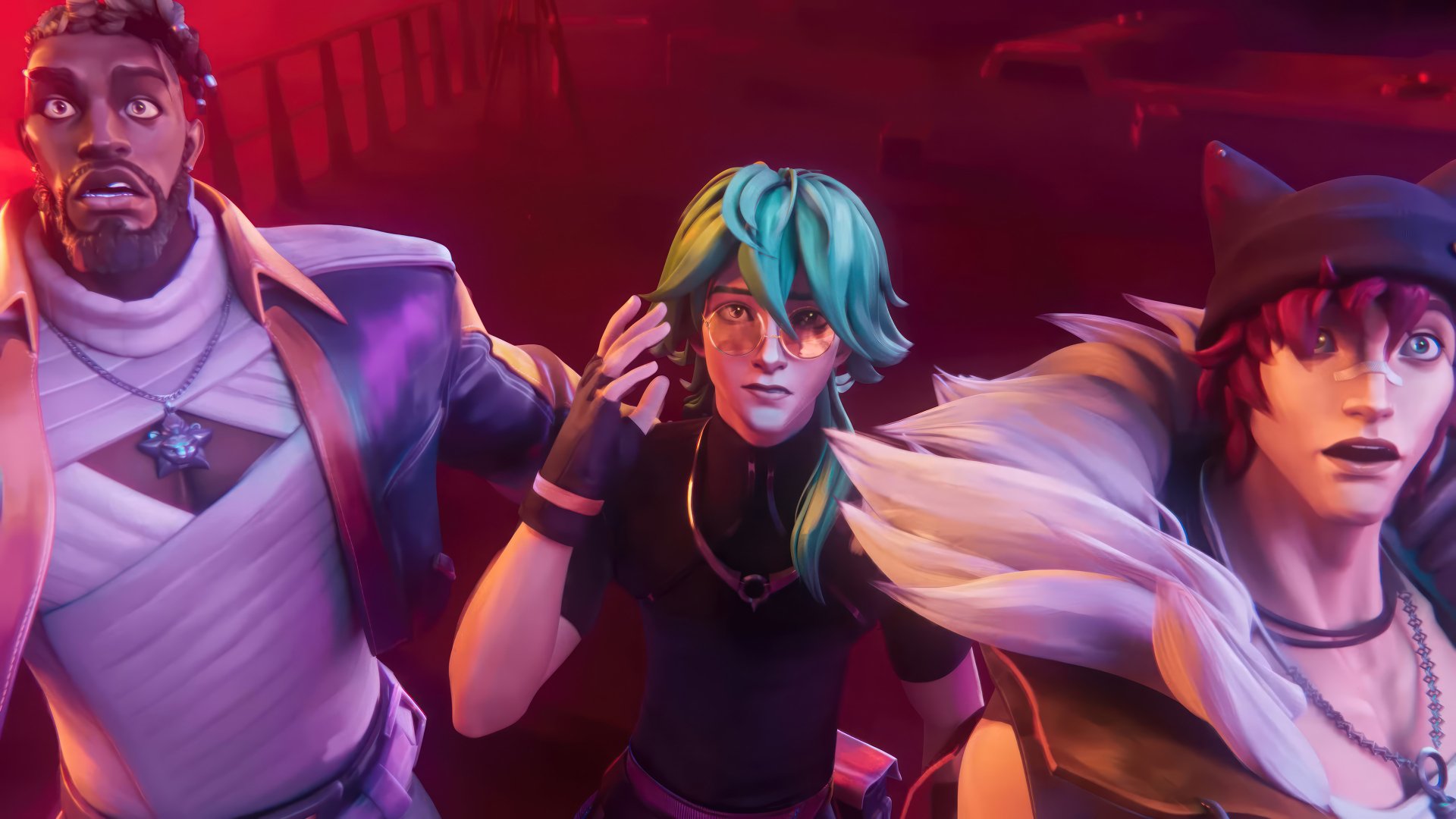 HD desktop wallpaper featuring League of Legends champions K'Sante, Ezreal, and Sett in dynamic poses with a vivid, Heartsteel-themed backdrop.