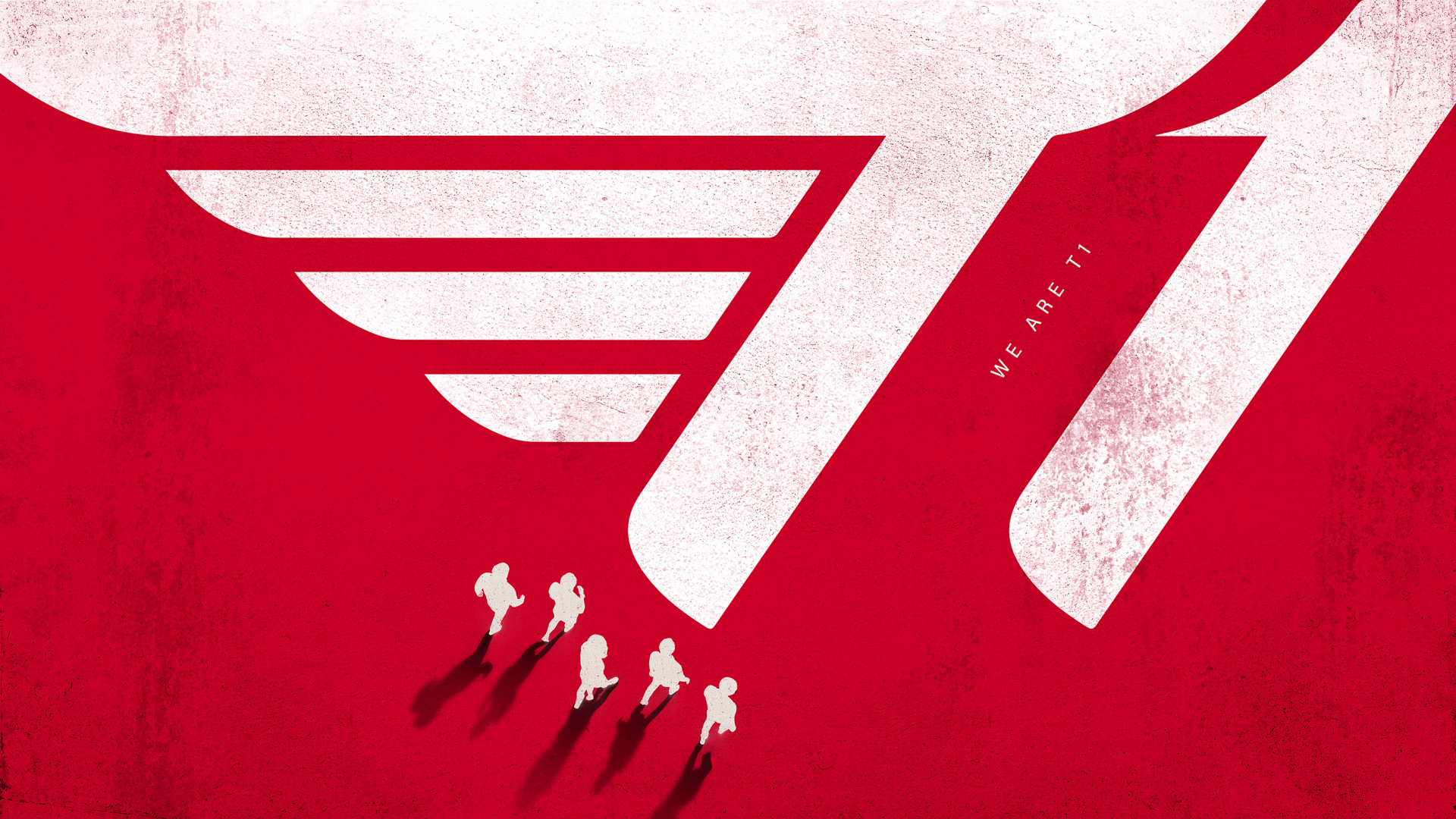 HD desktop wallpaper with red and white abstract design and small silhouetted figures tagged T1