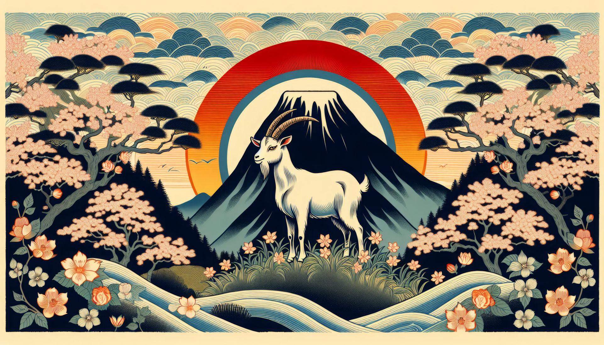 HD Desktop Wallpaper of a majestic goat with Japanese style art, featuring Mount Fuji, cherry blossoms, and the rising sun.